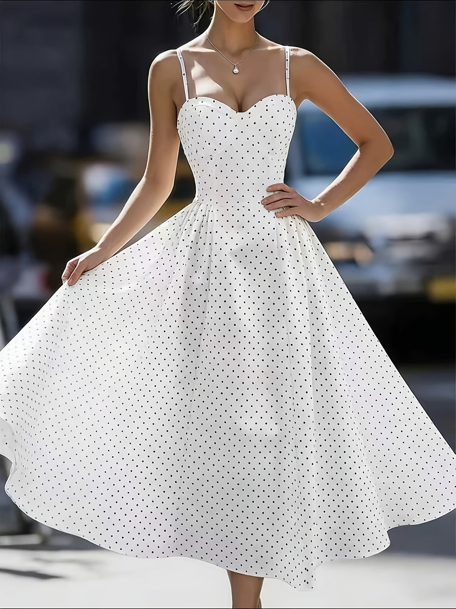 Women's Fashionable Exquisite Daily Commute Attire Women's Elegant Polka Dot Oversized A-line Back Smocked Spaghetti Suspender Dress Tailored Waist-Cinched Sexy Low-cut Bridesmaid Dress Women's - Ivory White