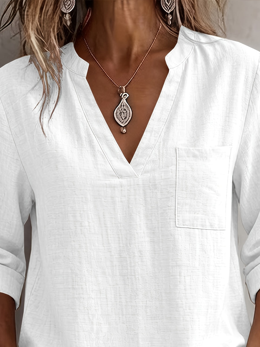 Women'S V-Neck Short Sleeve Shirt, Universal Casual Blouse Top - White