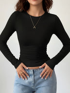 Women'S Solid Slim Fit Round Neck Long Sleeve T-Shirt - Black