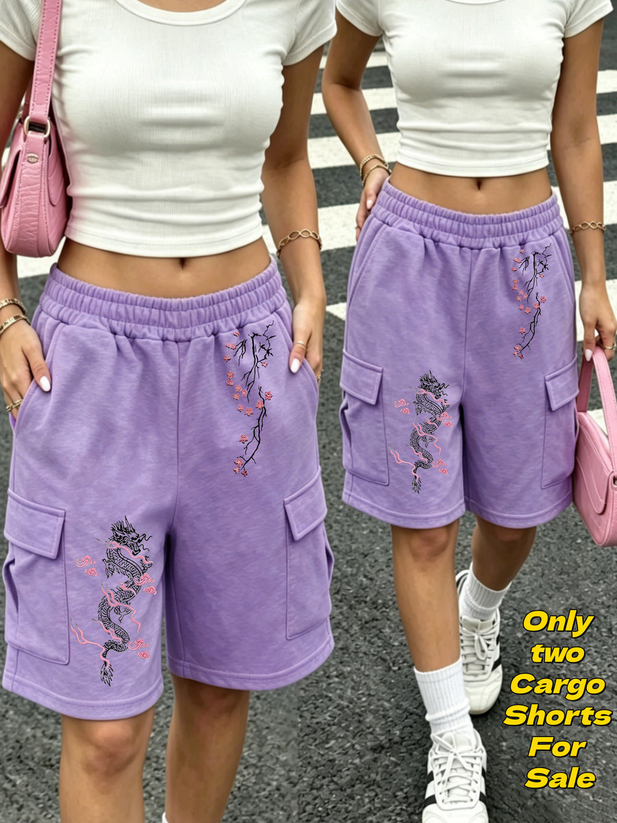 Japanese Style Printed Cargo Shorts 2Pcss Set, Loose Wide-Leg Bermuda Shorts with Leg-Smoothing Cut, Elastic Drawstring High-Waist Comfortable Fit, Soft Breathable Fabric Suitable for Street Outings, Campus Commute, And Home Walks - Purple + Purple
