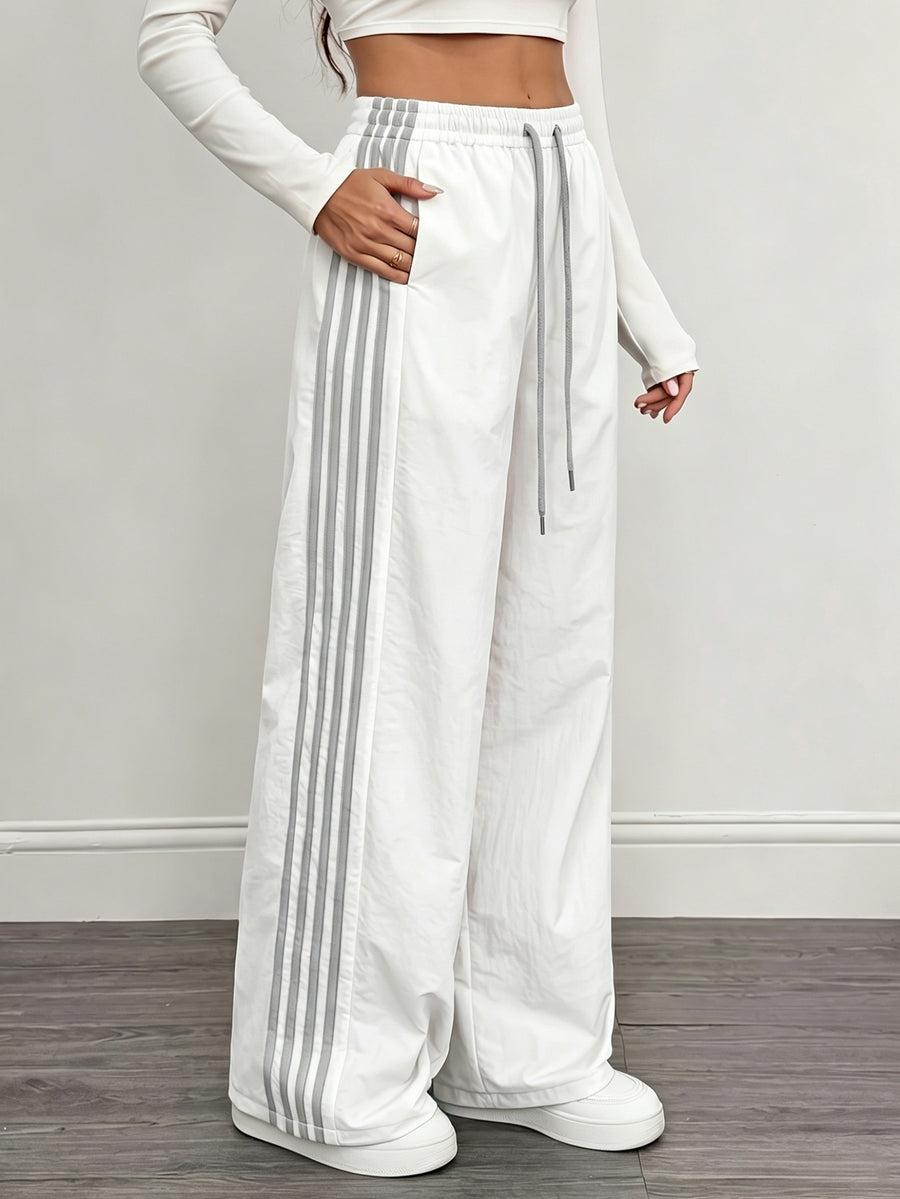 Reading Week Clothing, Back to Season, 1pc 2025 Autumn Winter New Casual Sports Fashion Comfortable Beautiful Color-Blocked Waist Drawstring Women'S Long Pants, Suitable for Holiday Gifts Women'S Apparel - White