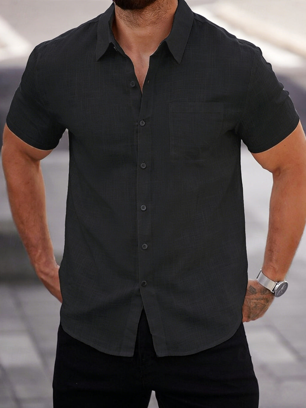 Men'S Casual Short Sleeve Pocket Shirt for Summer - Black
