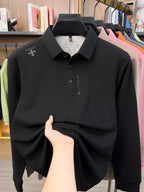 Men's Lapel Long Sleeve Polo Shirt Thickened Warm Top Autumn Winter Business Casual Layering Apparel for Middle Aged Dad Versatile Daily Outfit Suitable for Golf Fishing Tennis Sports Office And Daily Wear for Men - Black
