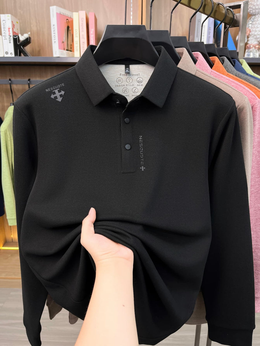 Men's Lapel Long Sleeve Polo Shirt Thickened Warm Top Autumn Winter Business Casual Layering Apparel for Middle Aged Dad Versatile Daily Outfit Suitable for Golf Fishing Tennis Sports Office And Daily Wear for Men - Black