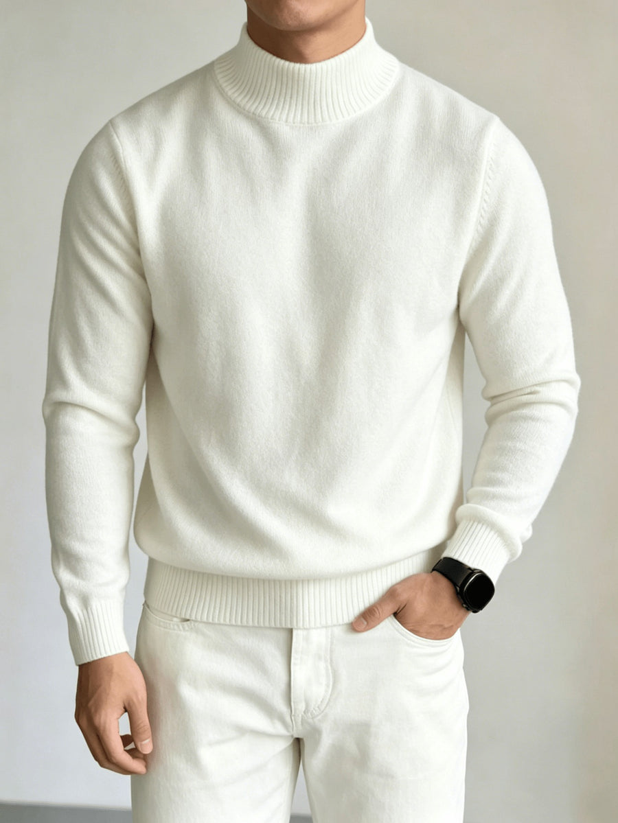 Men's Half-Turtleneck Knit Sweater, New Autumn/Winter Solid Color Long-Sleeve Pullover for Business Casual Versatile Wear - White