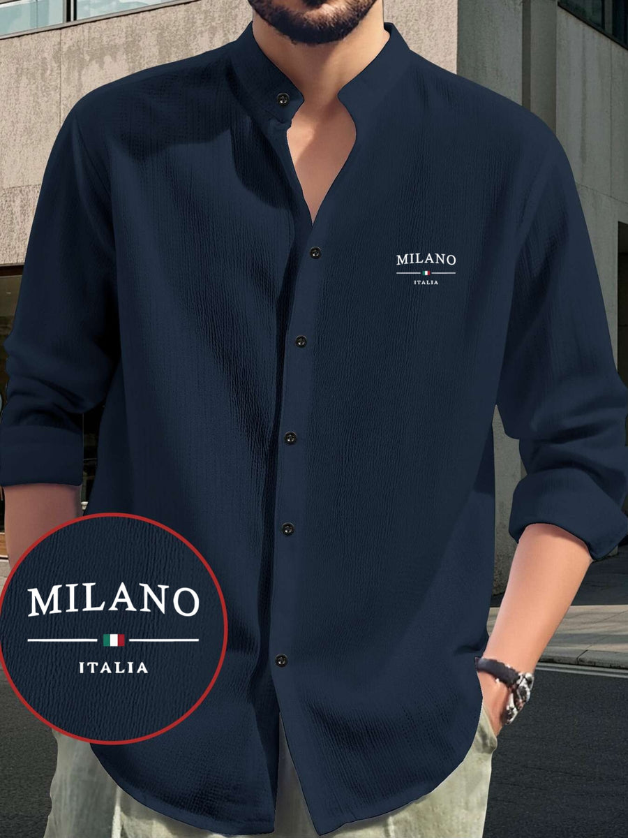 Men's Fashion Comfortable Lightweight Long Sleeve Shirt - Hawaiian Beach, Vacation, Party Wear, Breathable Stand Collar Button-Up Top, Versatile for Daily Wear, Events, and Outings, Milano Italian Print Design, Suitable for Various Occasions Casual - Navy Color