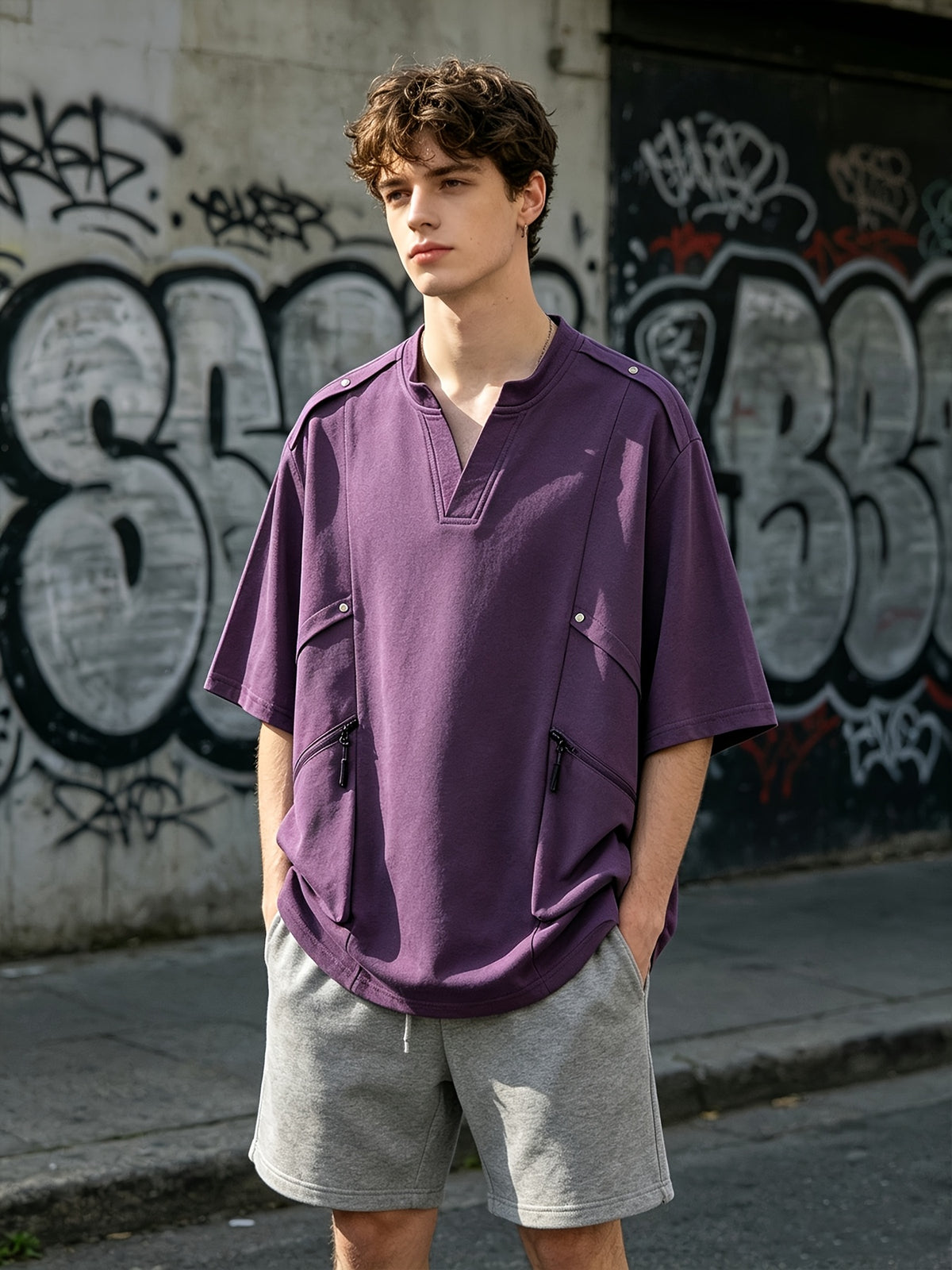 [Kuzan Yuki OBM] Men'S Summer New V-Neck Cargo Casual T-Shirt for Travel, Commute, Vacation, Individual, All-Match Fashion Tee - Purple