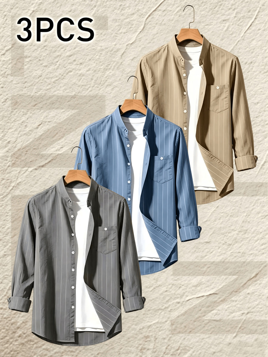 Pearson OBM 3pcs Set Men's Striped Linen Long-Sleeve Shirt; Sporty Casual Lapel Shirt with Pockets; Fashionable, Breathable, and Comfortable Fabric; Top for Beach Vacations and Outdoor Travel - Gray + blue + khaki