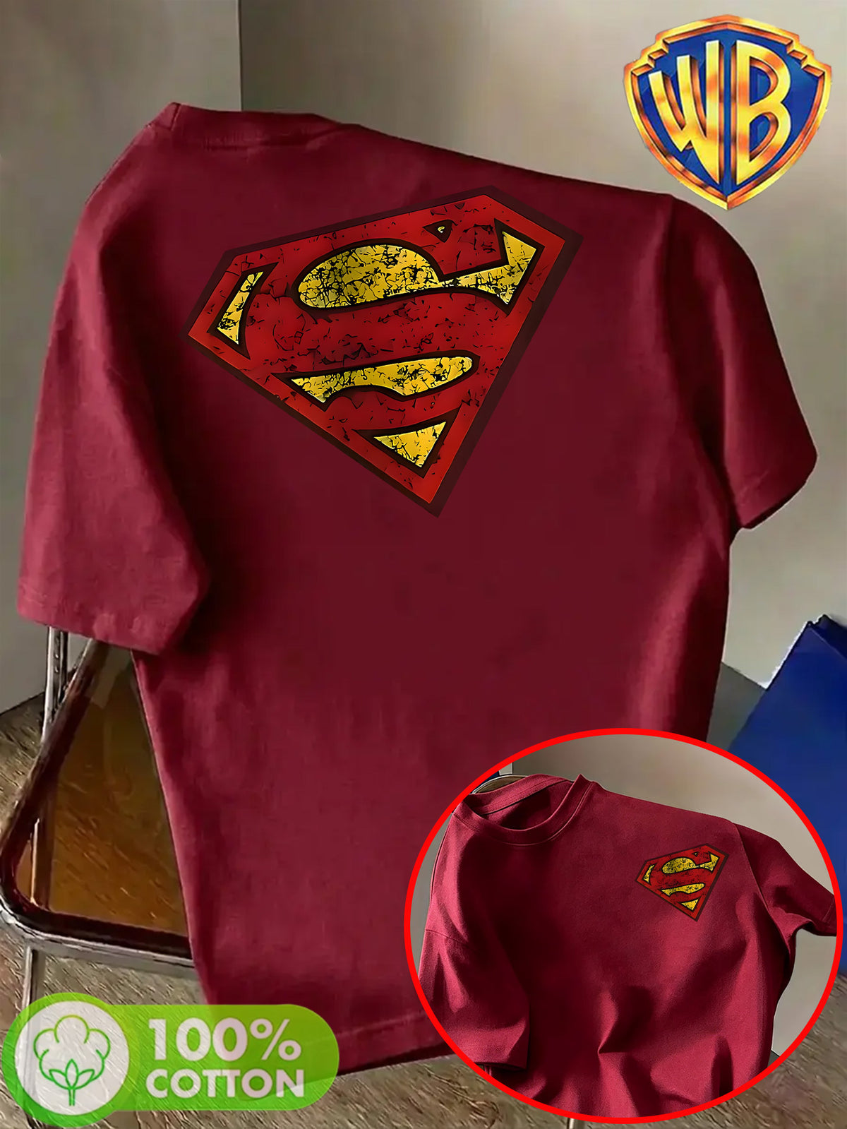 Unisex Summer Loose Round Neck Short Sleeve T-Shirt, Suitable for Daily Commute, Street Outings, City Travel, Friend Gatherings, And Casual Wear, Large Area Distressed Cracked Superman Classic S Logo Artistic Print on Back - Burgundy