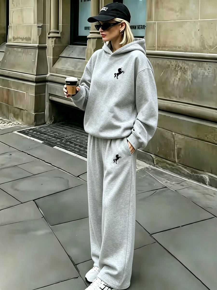 Easy Cool Unicorn Silhouette Print Hoodie And Pants Set, Matching Small Pattern Design, Loose And Relaxed Fit, Comfortable Fabric, Casual Street Style Women'S Leisure Two-Piece Set - Light Gray + Light Gray