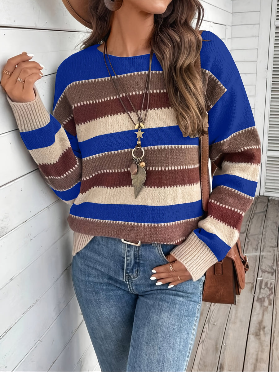 Women's Vintage Casual Sweater - Soft Medium-Stretch Round Neck Long Sleeve, Horizontal Striped Loose Fit Pullover for All-Season Comfort & Everyday Elegance, Cute Sweaters, Elegant Layering Piece, Durable Knitwear - artificial jade orchid