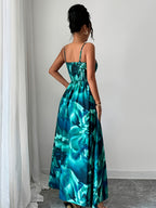 Women's Twisted Twill Front Panel, Waist-Cinching Slit Camisole Dress - Green