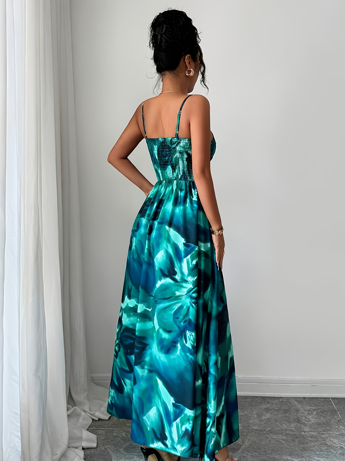 Women's Twisted Twill Front Panel, Waist-Cinching Slit Camisole Dress - Green