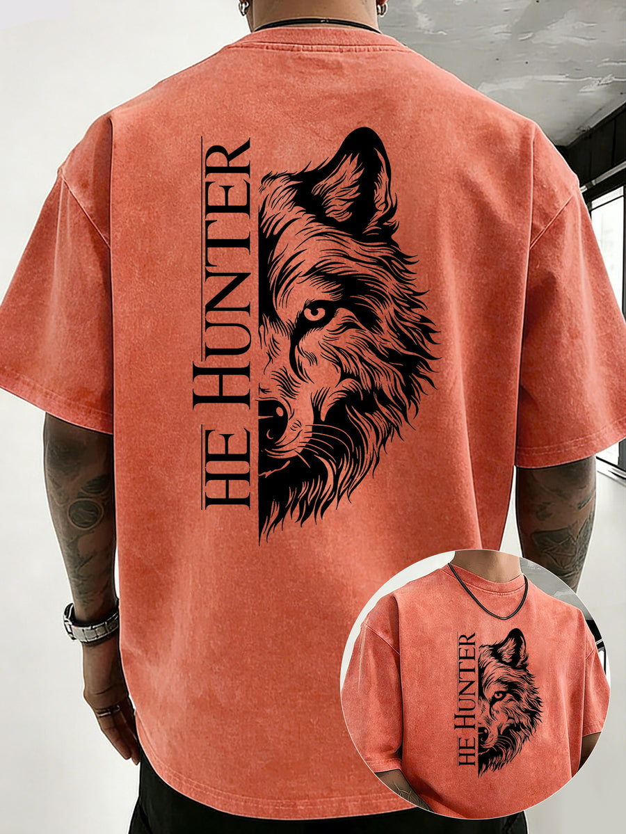 Vintage Washed Loose Double-Faced Print T-Shirt with Letter Pattern, Unisex Classic Basic Style, Soft And Durable Short Sleeve, Suitable for Students And Office Workers - Orange