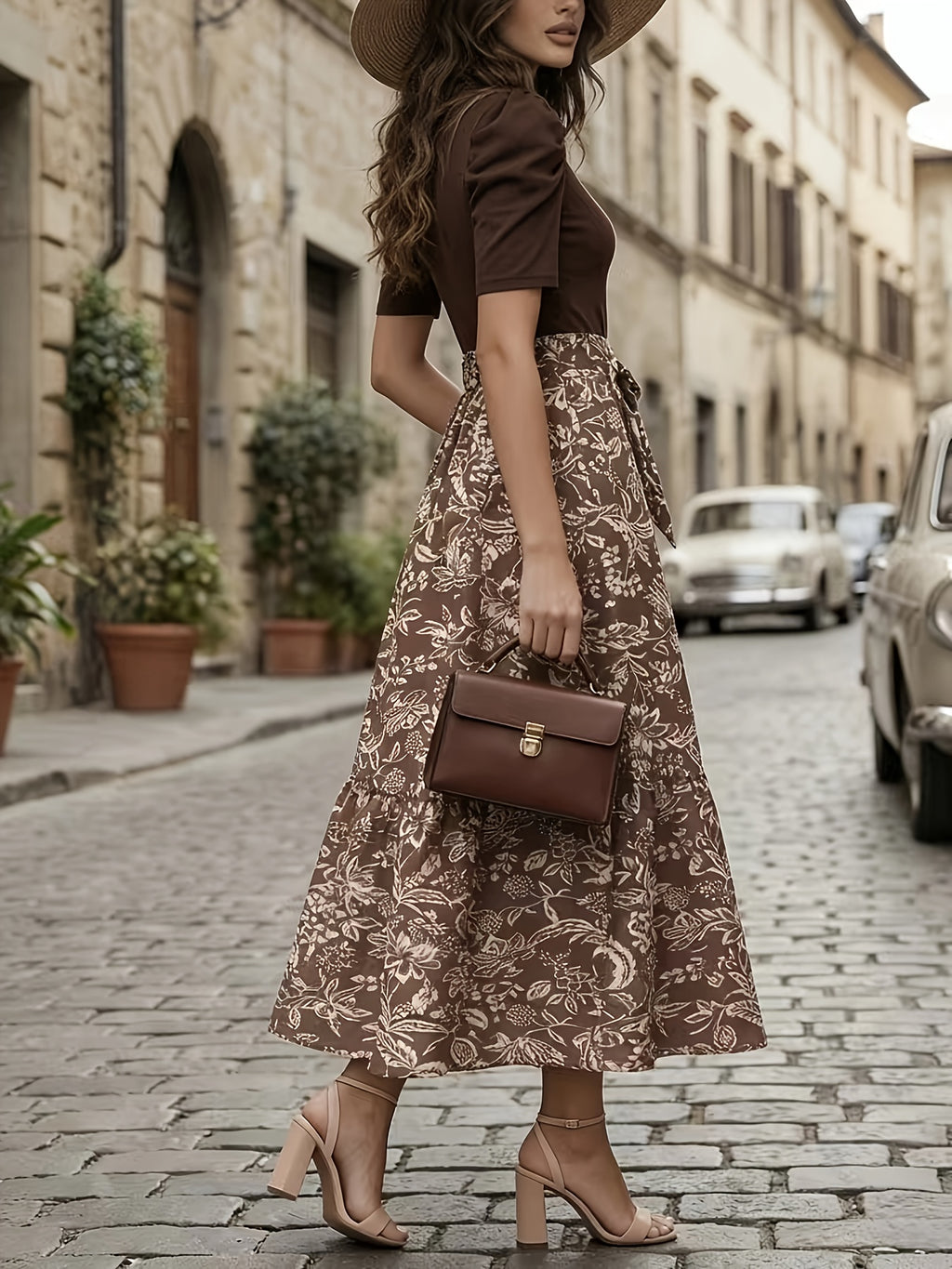 Elegant Printed Long Dress with Puff Sleeves And Layered Hem Patchwork Design, Includes Belt - Brown