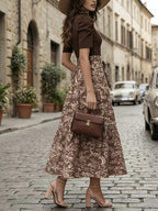 Elegant Printed Long Dress with Puff Sleeves And Layered Hem Patchwork Design, Includes Belt - Brown