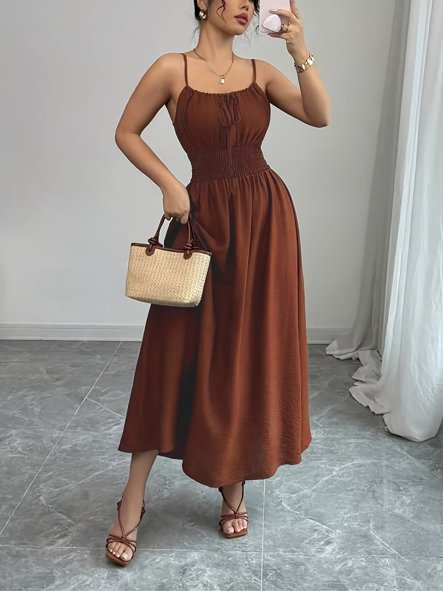 Elegant Bridesmaid Dress for Women, Spaghetti Strap Front Tie Bow Waist Smocked Waist-Cinched Oversized A-Line Long Maxi Dress, Fashion Women'S Dress for Wedding, Bridesmaid, Party, Date, Vacation & Daily Commute - Maroon