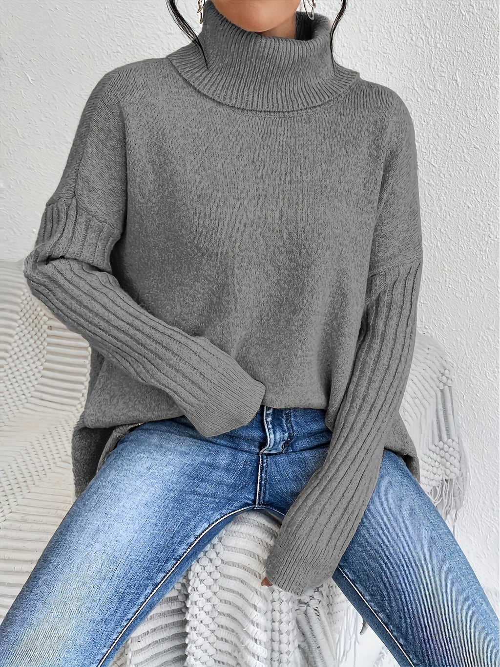 New Autumn and Winter Women's Casual Long Sleeve High Neck Pullover - Grey White
