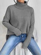 New Autumn and Winter Women's Casual Long Sleeve High Neck Pullover - Grey White