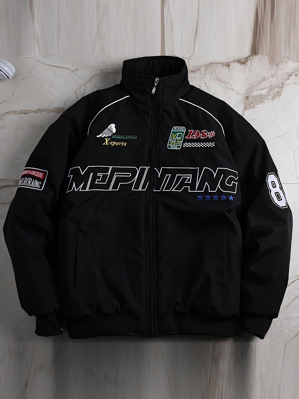 Men'S Thickened Windproof Racing Style Jacket, Stand Collar Full Zip Closure, Letter Patch Badge Decor, Windproof And Warm, Loose Fit, Multi-Color Available, Suitable for Autumn/Winter Motorcycle Riding, Road Trips, Travel Holidays, City Commuting - Black