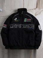 Men'S Thickened Windproof Racing Style Jacket, Stand Collar Full Zip Closure, Letter Patch Badge Decor, Windproof And Warm, Loose Fit, Multi-Color Available, Suitable for Autumn/Winter Motorcycle Riding, Road Trips, Travel Holidays, City Commuting - Black