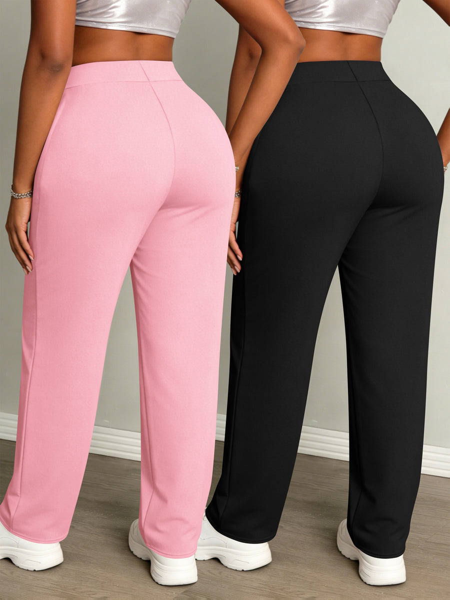 Women's Fashion Daily 2pcs Set, Comfortable Loose-Fit Solid Color Drawstring Waist Wide-Leg Sweatpants - Pink+Black