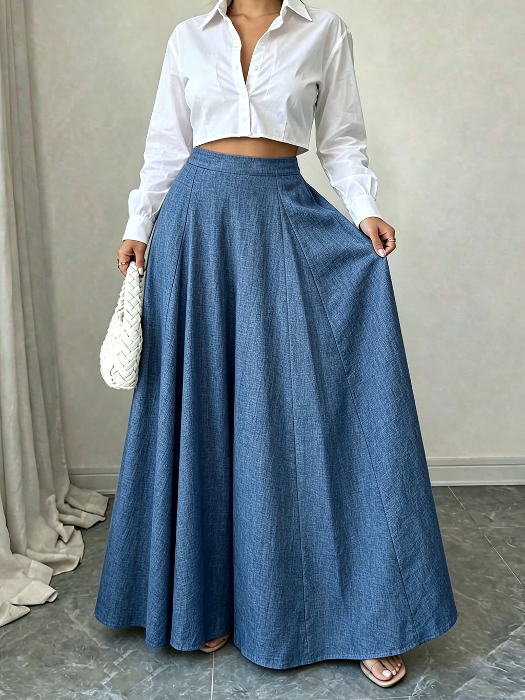 Women'S High-Waist Multi-Panel Wide-Leg Floor-Length Trousers Casual Loose Bottoms - Washed Blue