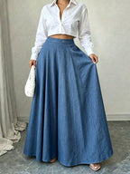 Women'S High-Waist Multi-Panel Wide-Leg Floor-Length Trousers Casual Loose Bottoms - Washed Blue