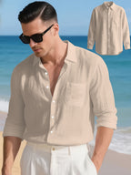 3pcs Men'S Casual Linen Shirts, Long Sleeve Button Tops with Chest Pocket, Lightweight Solid Color Shirts for Daily And Vacation - Khaki