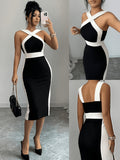 Fashion Women Contrast Color Crisscross Halter Neck Midi Dress, Chic Sleeveless Backless Bodycon Pencil Dress, Elegant Fitted Black White Dress for Wedding Guest Evening Club Business Outfit - Black