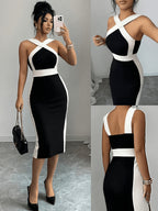 Fashion Women Contrast Color Crisscross Halter Neck Midi Dress, Chic Sleeveless Backless Bodycon Pencil Dress, Elegant Fitted Black White Dress for Wedding Guest Evening Club Business Outfit - Black