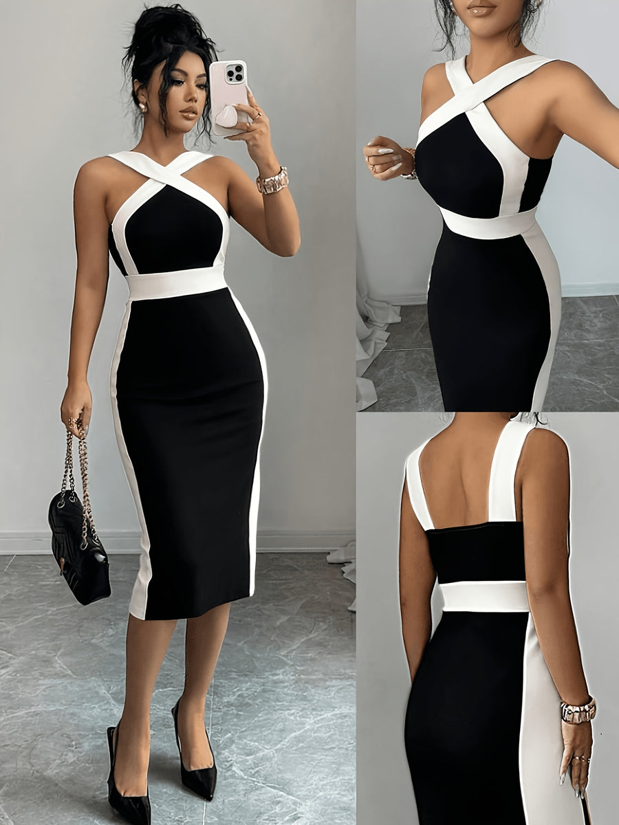 Fashion Women Contrast Color Crisscross Halter Neck Midi Dress, Chic Sleeveless Backless Bodycon Pencil Dress, Elegant Fitted Black White Dress for Wedding Guest Evening Club Business Outfit - Black