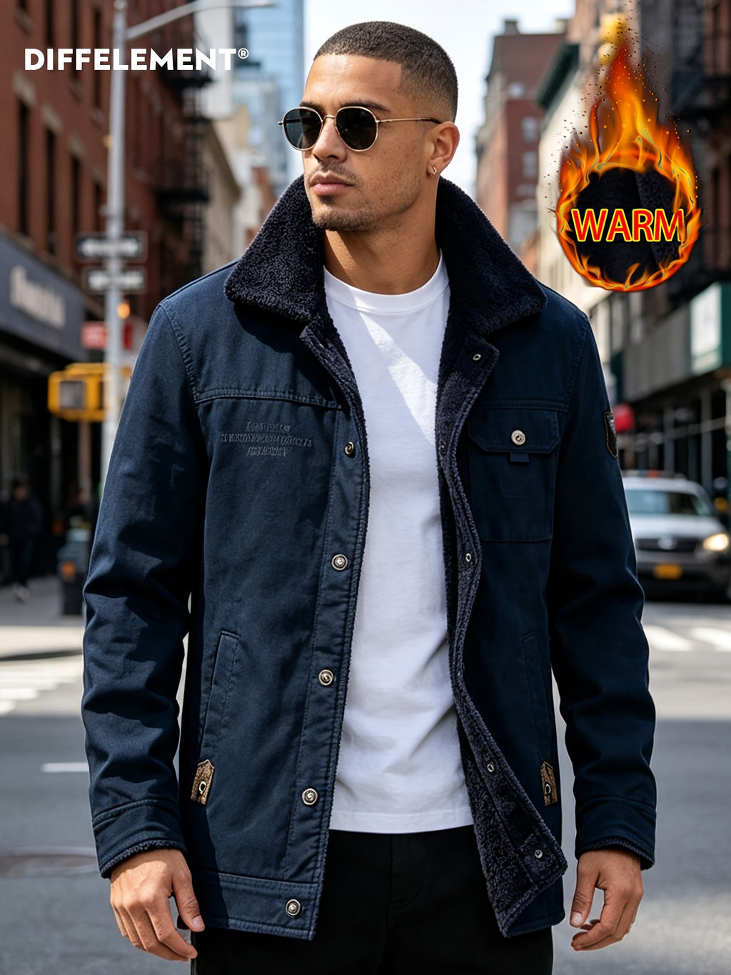 DIFFELEMENT Retro Workwear Style Fleece Thickened Men'S Lapel Work Jacket Lamb Fleece Fleece Lining Single Button Front Closure Cold-Proof Coat Chest Flap Patch Pocket Side Patch Pocket Warm And Cold-Resistant Wearable in Cold Weather Daily And Outd - Sea Blue