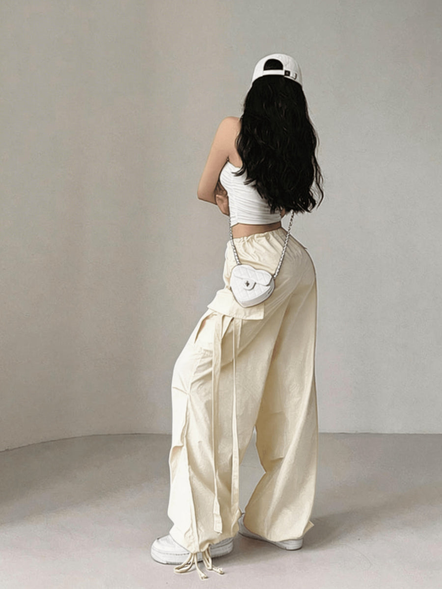 Street Style Loose Fit Drawstring Ankle Scarf Fashion Utility Pants Wide Leg Casual Long Trousers - Off-white