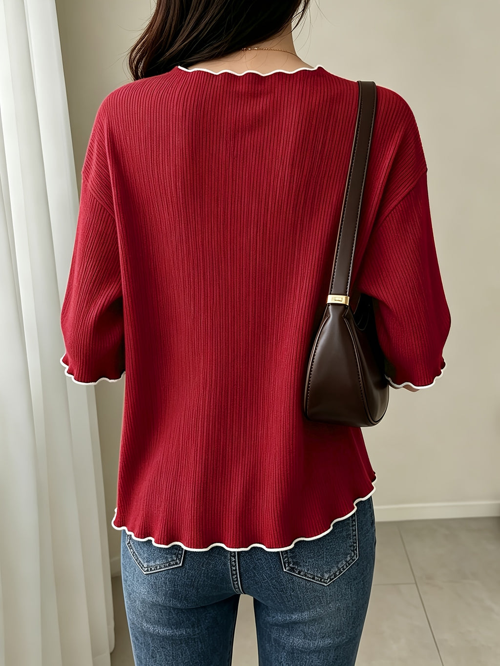 Women's French Ruffle Top - Spring Summer Stretchy High-Elasticity Ruffle Trim Shirt, Solid Color Non-Sheer Machine Washable Suitable for Daily Commute, Office & Casual Wear, French Style Wardrobe Essential - Burgundy