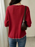 Women's French Ruffle Top - Spring Summer Stretchy High-Elasticity Ruffle Trim Shirt, Solid Color Non-Sheer Machine Washable Suitable for Daily Commute, Office & Casual Wear, French Style Wardrobe Essential - Burgundy