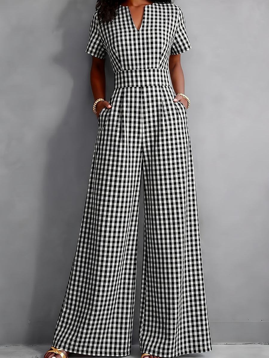 2026 Spring Summer New Plaid V-Neck Short Sleeve Jumpsuit Women'S High-Waist Wide-Leg Straight Long Pants, Women'S Commute Casual Two-Wear Jumpsuit, High-Waist Waist-Cinching Design with Flowing Wide-Leg Trousers - Black And White Color