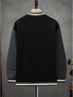 This Black And Gray Patchwork Baseball Jacket Features a Button Closure Design, with Black And White Striped Accents at The Collar And Cuffs. It Showcases Prominent Letter Prints And English Text Elements on The Chest - Black And Grey