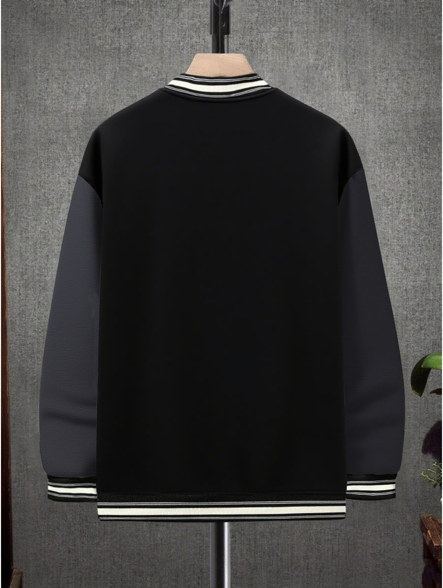 This Black And Gray Patchwork Baseball Jacket Features a Button Closure Design, with Black And White Striped Accents at The Collar And Cuffs. It Showcases Prominent Letter Prints And English Text Elements on The Chest - Black And Grey