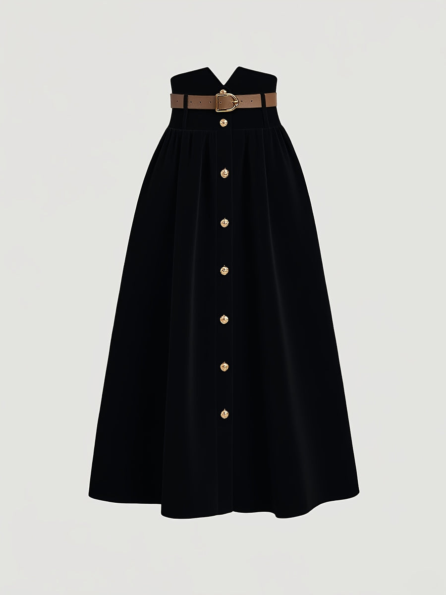 Solid High-Waist Metallic Buckle Skirt with Belt, Fall Winter Skirt, Back-To- Season, Autumn Wedding Guest Dress, Party, Old Money Style, Elegant, Office Workwear Women'S Dress, Brunch, Back-To, Business Casual Women'S Clothing - Black