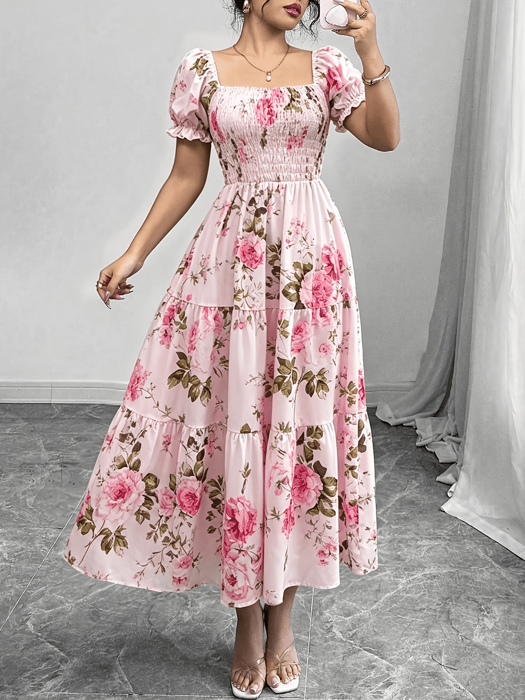 Fashionable Temperament Elegant Mid-Length Floral Print Wrap Dress Women'S 906 - Multicolor
