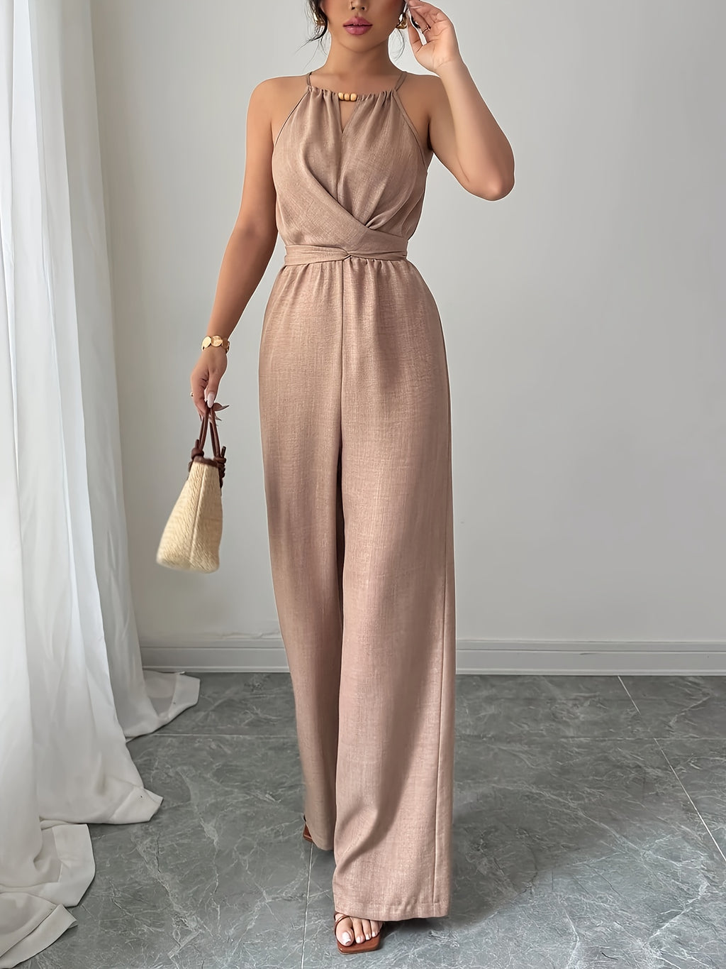 Women's Spring/Summer Casual Pleated Strappy Twist-Waist Maxi Jumpsuit - Khaki