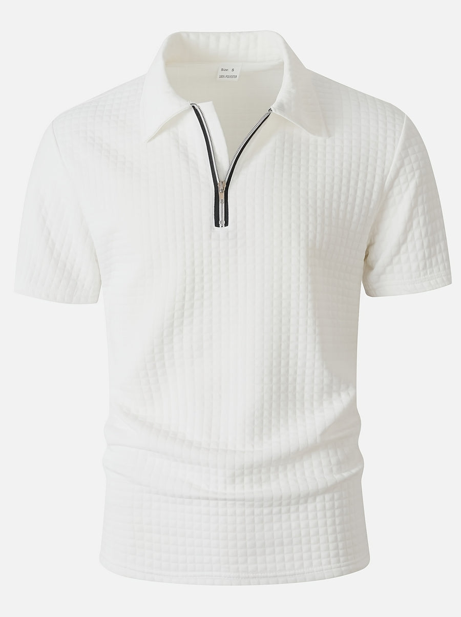 Men's Waffle Knit Half-Zip Polo Shirt, Loose Fit Solid Color Versatile Short Sleeve - White