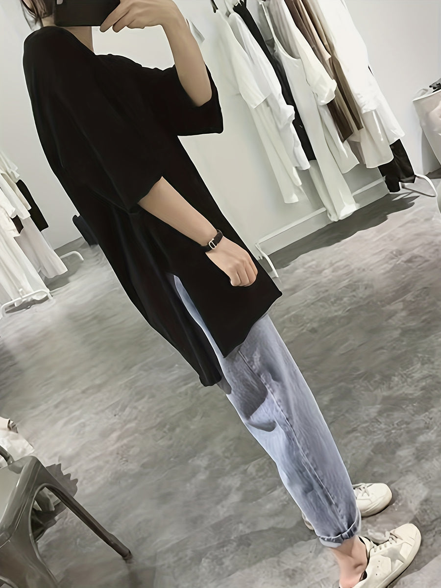 Slit T-Shirt Women'S Summer Loose Korean Rolled Edge Front Short Back Long Short-Sleeved V-Neck Top - Black