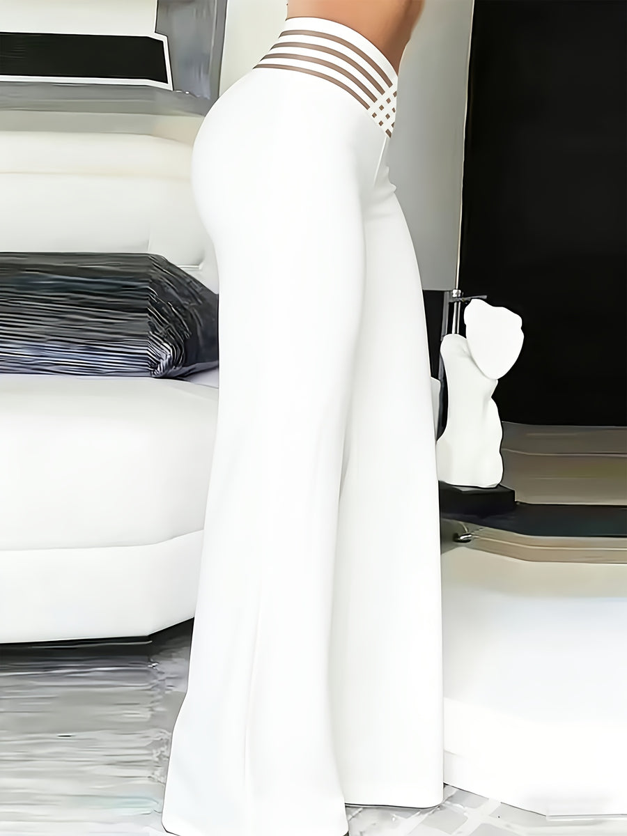 Women'S Crossed Waist Straight Leg Pants, Mesh Waistband Design, Solid Color Slightly Elastic Casual Trousers Suitable for Travel And Dates - White