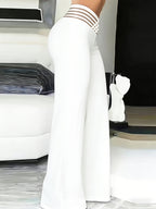 Women'S Crossed Waist Straight Leg Pants, Mesh Waistband Design, Solid Color Slightly Elastic Casual Trousers Suitable for Travel And Dates - White