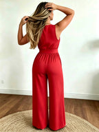 Targeted Development \ Women'S Western Style V-Neck Sleeveless Waist Bow Design Casual Fashion Versatile Jumpsuit - Suitable for Office, Home, Vacation - Red
