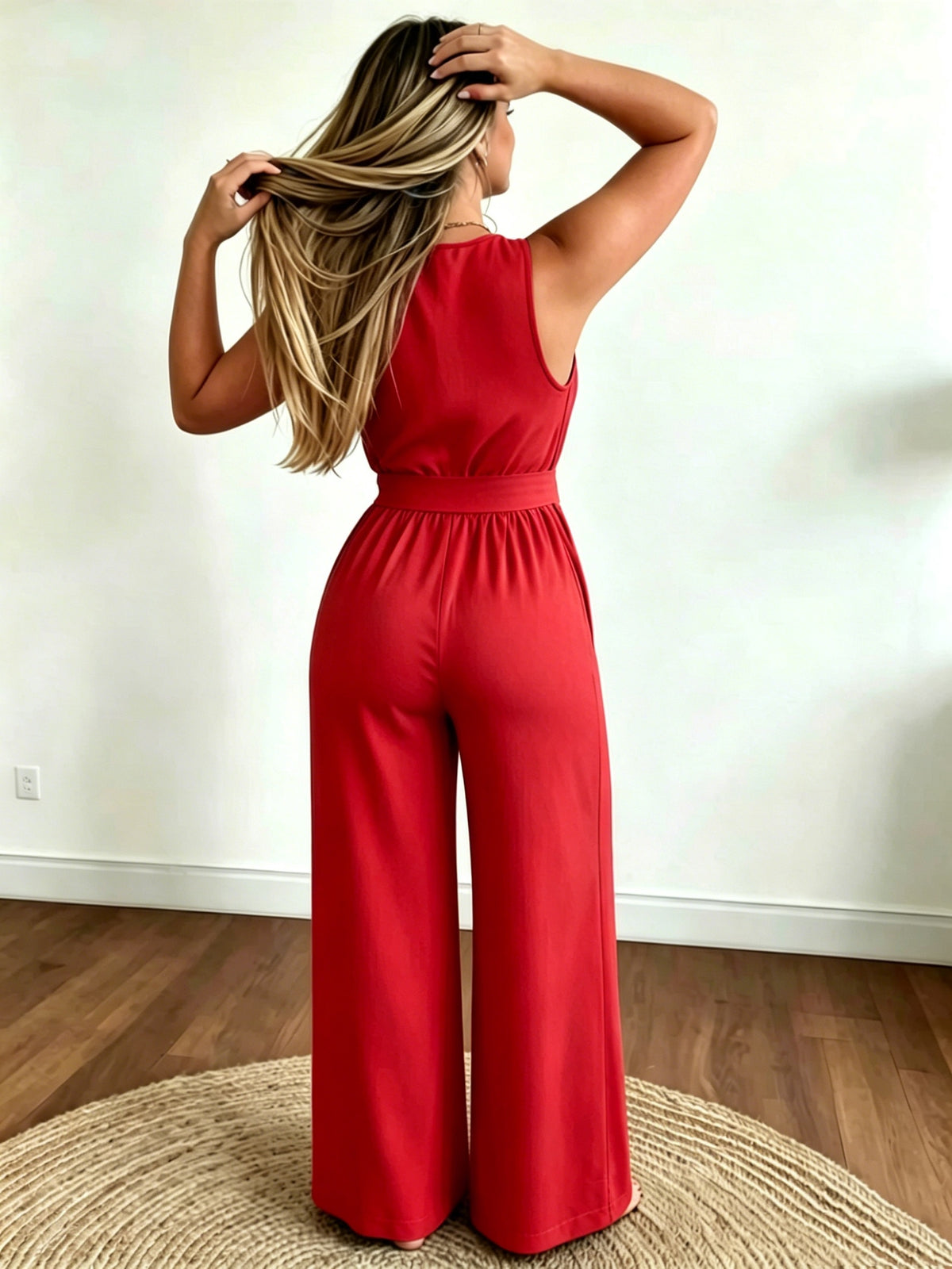 Targeted Development \ Women'S Western Style V-Neck Sleeveless Waist Bow Design Casual Fashion Versatile Jumpsuit - Suitable for Office, Home, Vacation - Red