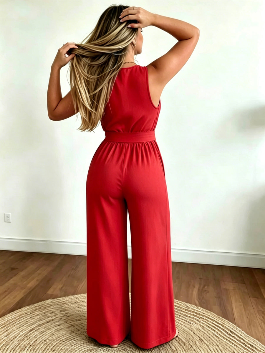 Targeted Development \ Women'S Western Style V-Neck Sleeveless Waist Bow Design Casual Fashion Versatile Jumpsuit - Suitable for Office, Home, Vacation - Red