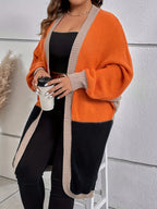 Plus Size, Plus Size Color Block Batwing Sleeve Open Front Cardigan Without Halter Neck Top - Orange-Red